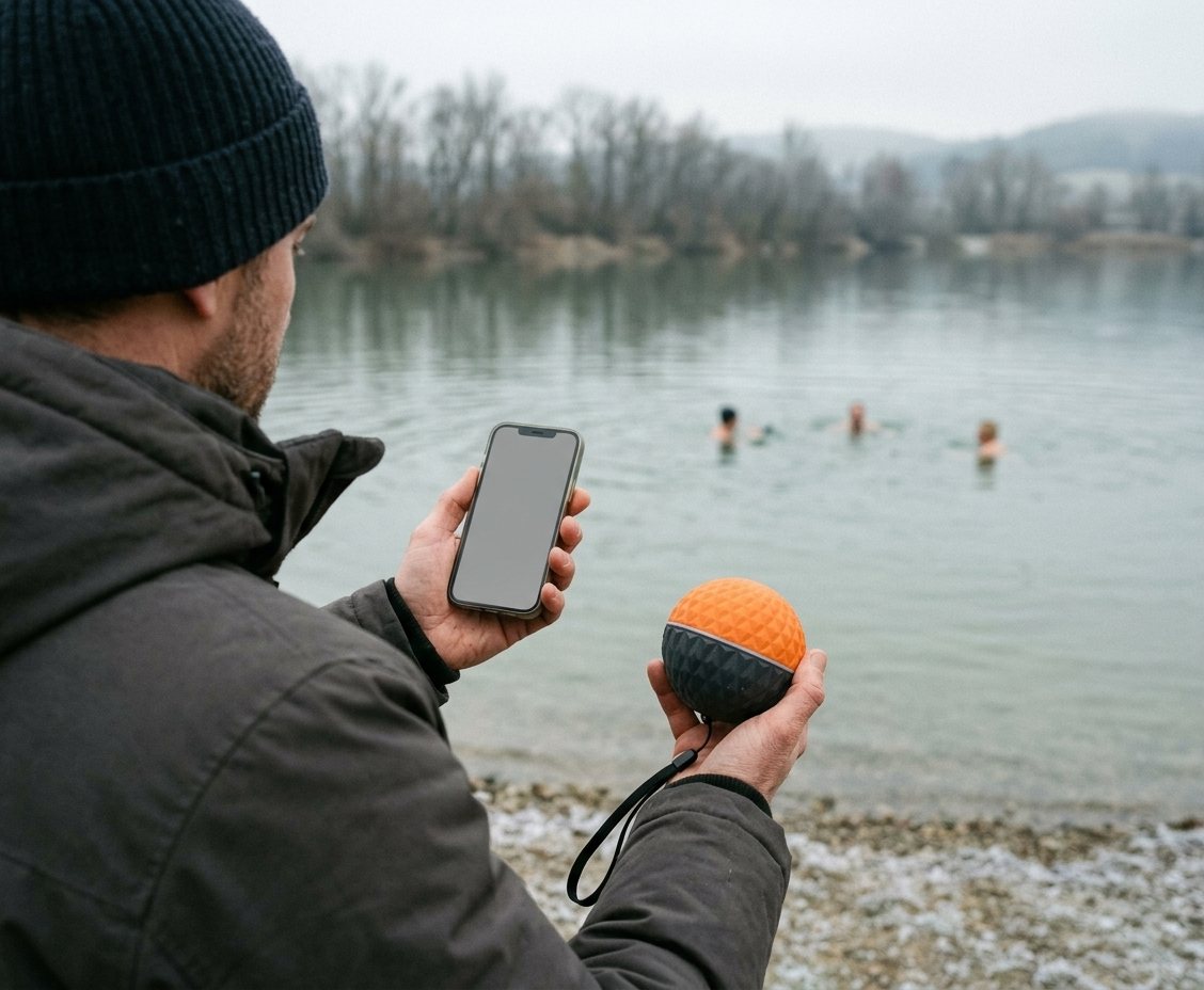 Otužilec pri jazere s telefónom a sondou SCIP v ruke